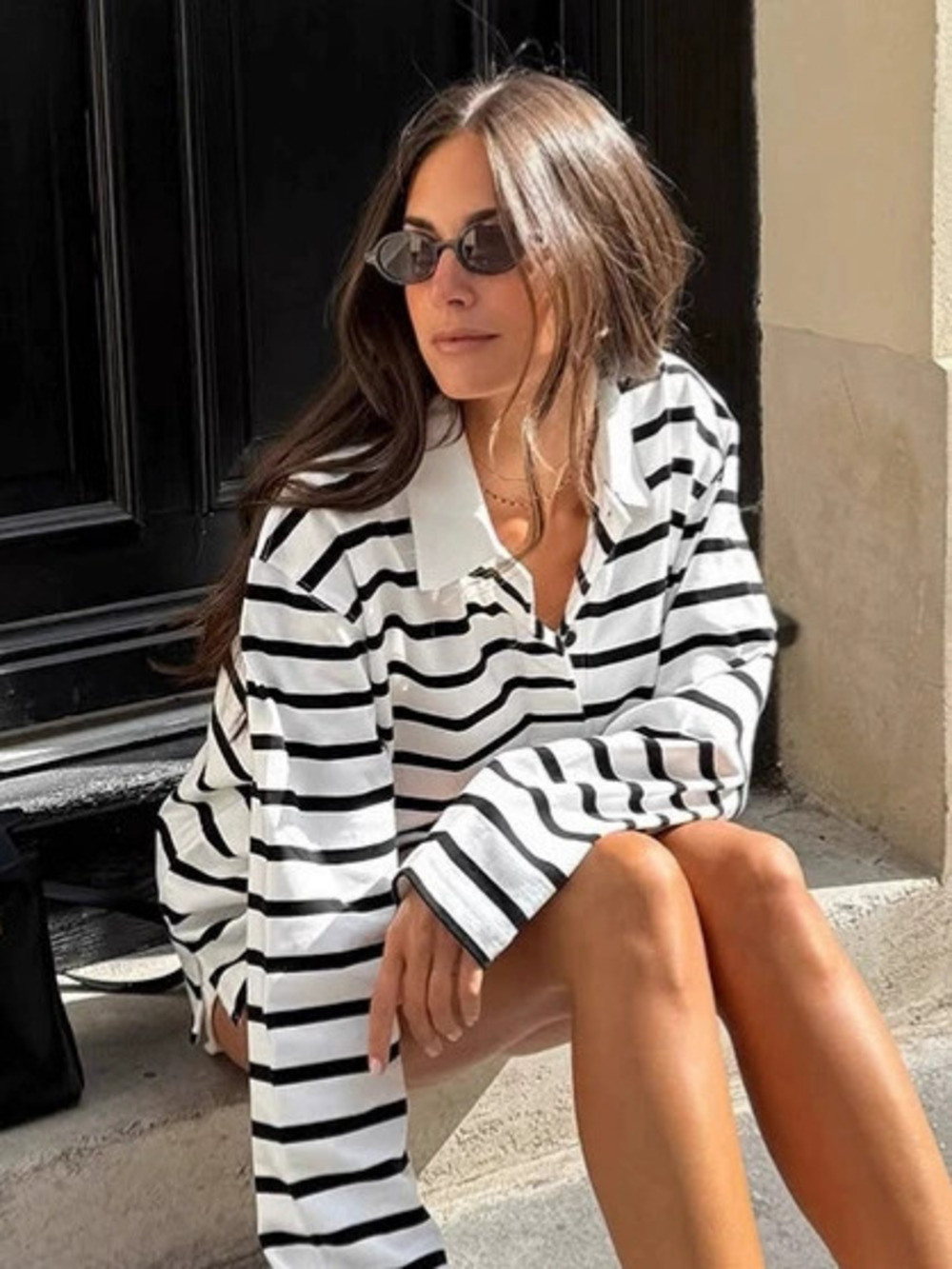 Forever 21 Fall Striped Casual Loose Fit Collar Long Sleeve T-Shirt